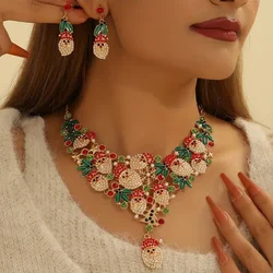 3pcs/set Elegant Lovely Christmas Jewelry Set, Rhinestone Santa Wreath Pendant Necklace+Earrings For Women Trendy Jewelry Gifts