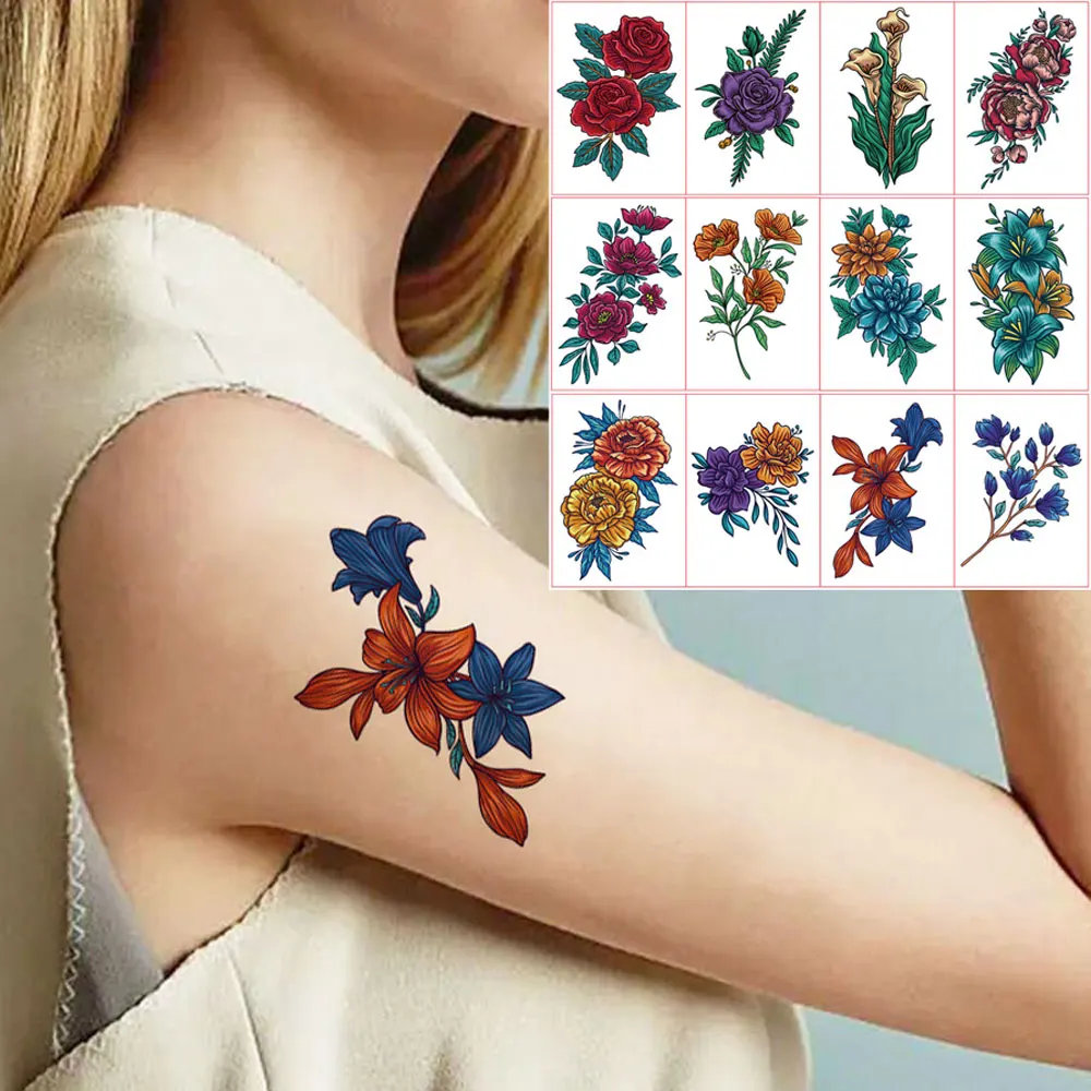 12Pcs Color Flower Tattoo Stickers for Women Hand Arm Chest Body Art Waterproof Temporary Tattoos Disposable Floral Fake Tattoo