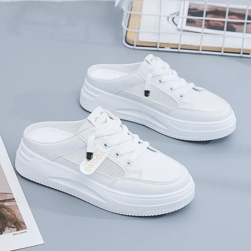 Chaussures d'été semi-couques blanches pour femmes, pantoufles à la mode, nouvelle collection