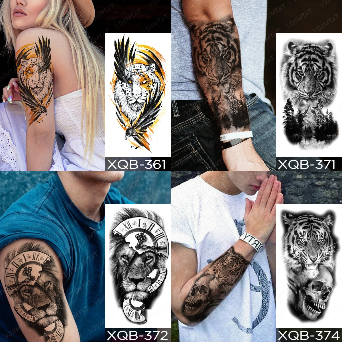 Waterproof Temporary Tattoo Sticker Crown Rose Flower Tiger Lion Warrior Cross Clock Body Art Arm Fake Tattoos Sleeve Women Men