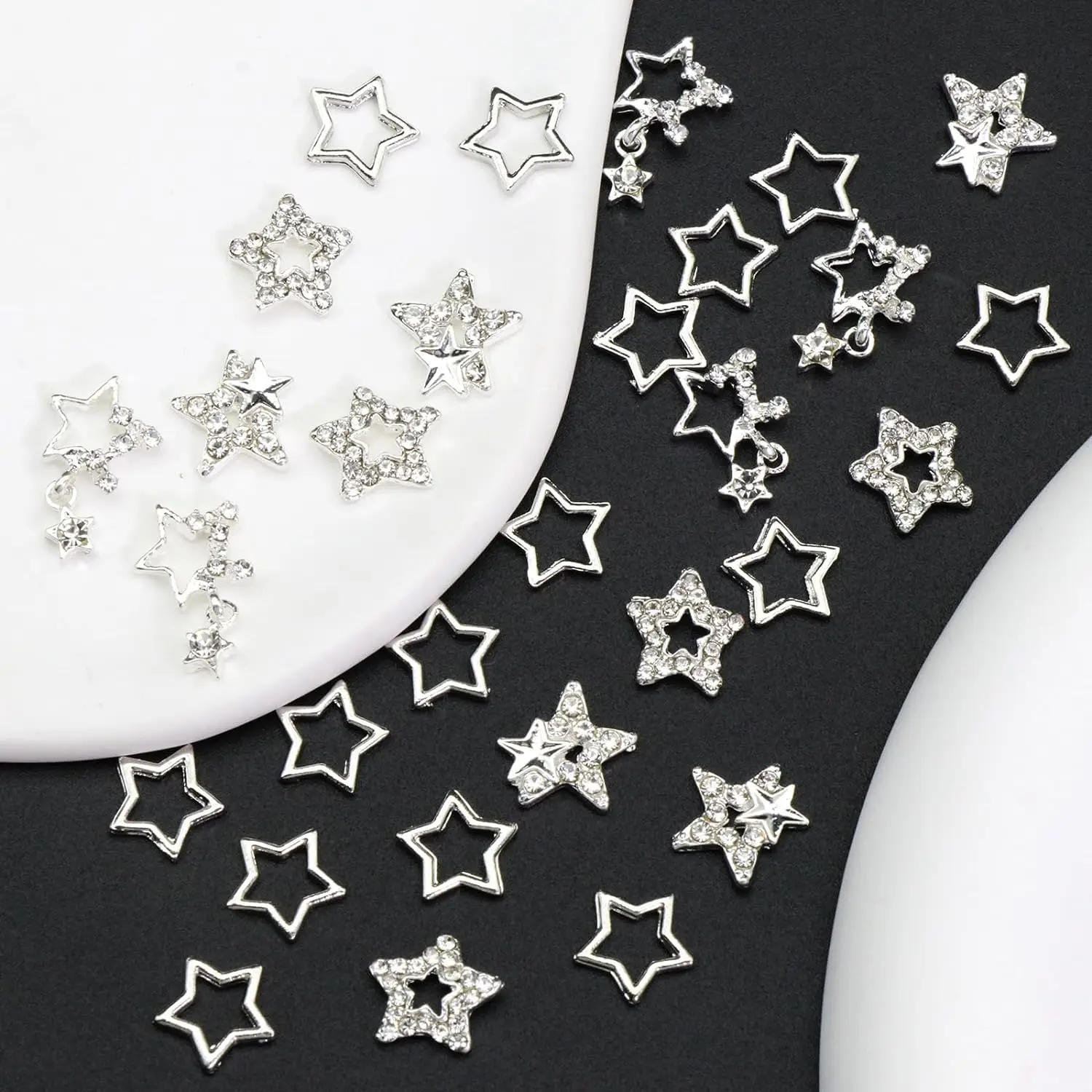 30PCS Star Nail Charms 3D Alloy Nail Art Charms 4 Styles Silver Stars Nail Rhinestones Crystal Pentagram Nail Gems for DIY Craft