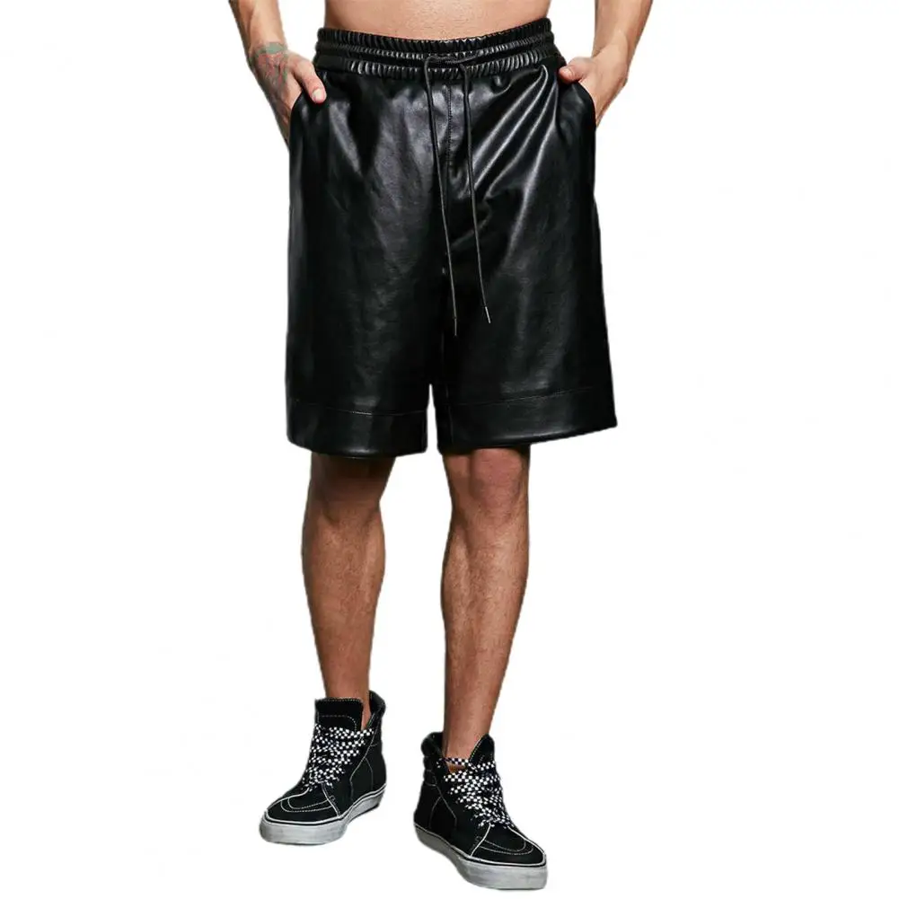 Men Casual Shorts with Drawstring Waist Stylish Men's Faux Leather Drawstring Shorts with Pockets Wide Leg Streetwear for A