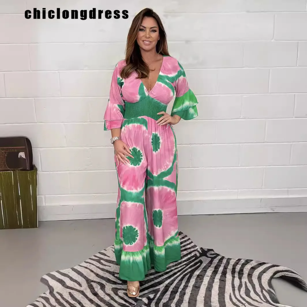 

Summer Fashion Tie Dyed Printed Jumpsuit Women Casual Beach Style V-neck Bat Sleeve High Waist Wide Leg Jumpsuit Women