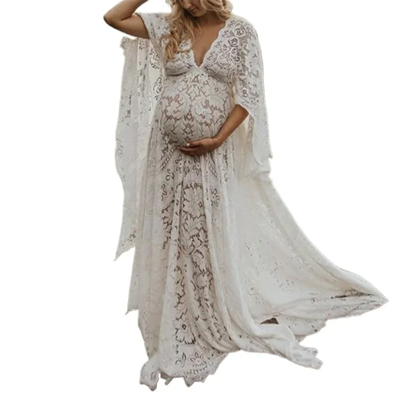 

Long Lace Maternity Boho Dresses Maxi V Neck Ruffle Sleeve Baby Shower Beach Wedding Guest Photoshoot Spring Summer Fall