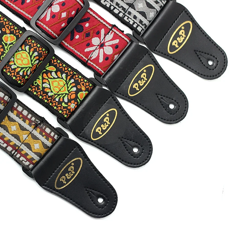 Acoustic Electric Guitar Strap Embroidery Ethnic Style National Wind Adjustable Leather Ends Musical Accessories Straps