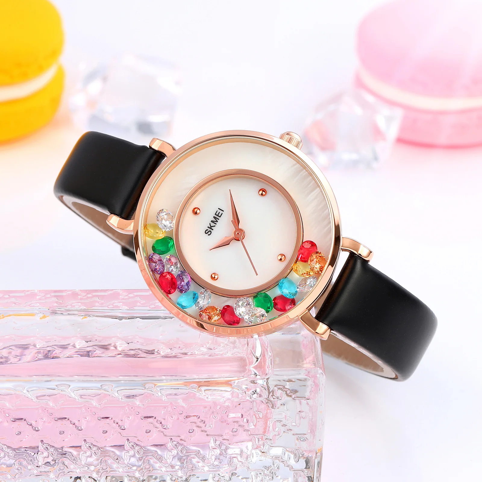 Relojes SKMEI con diseño de cristal colorido y esfera de cristal para mujer, reloj de pulsera con movimiento de cuarzo japonés, reloj de hora para mujer, reloj femenino