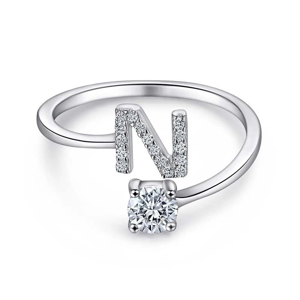Women's Adjustable Initial Ring with Cubic Zirconia, Stackable Gift