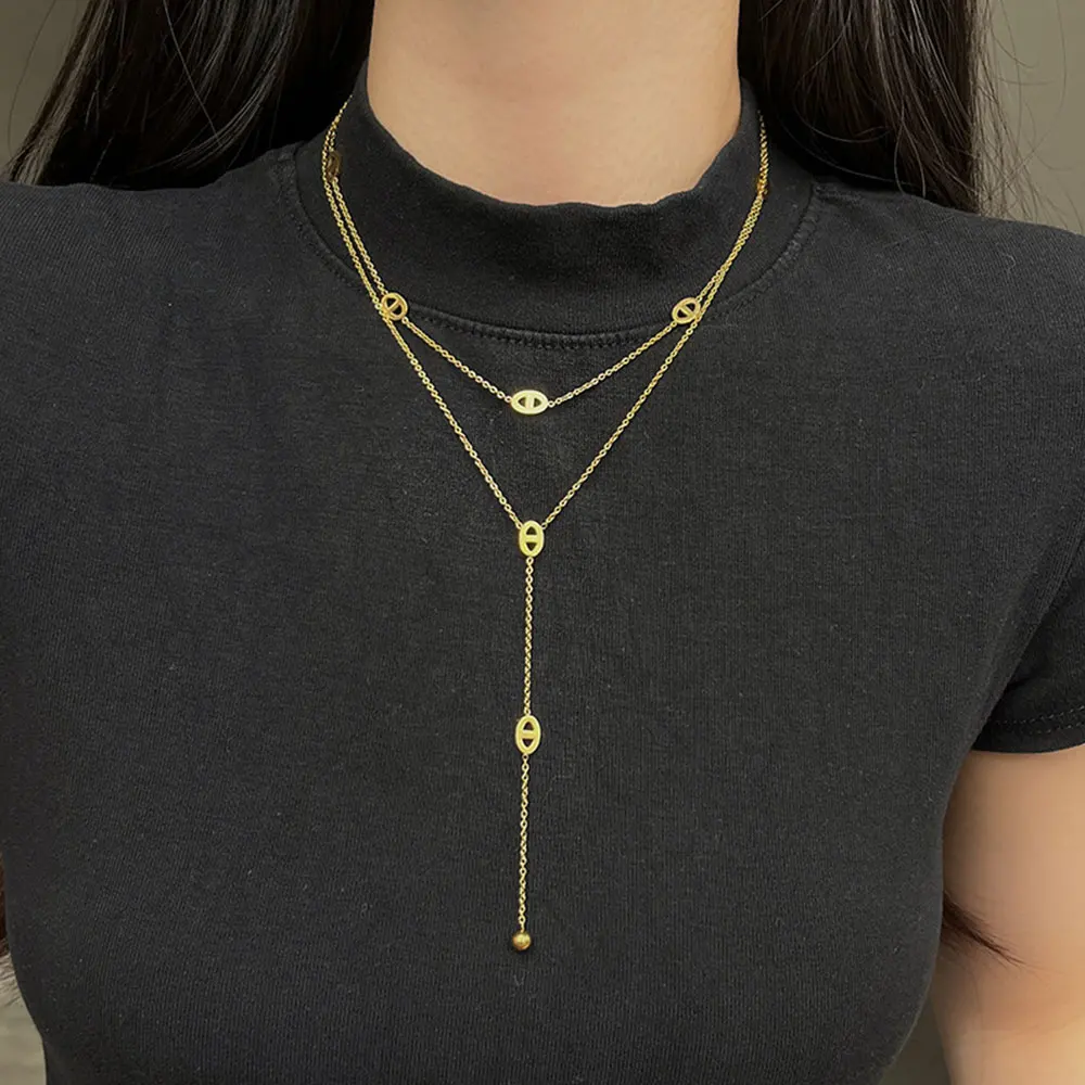 Premium 316L Edelstahl Lange Halskette Trendiger Schweinenasen-Stil Y-Form Anhänger Wasserdichte Halskette für Frauen Mädchen Schmuck – Detail 2