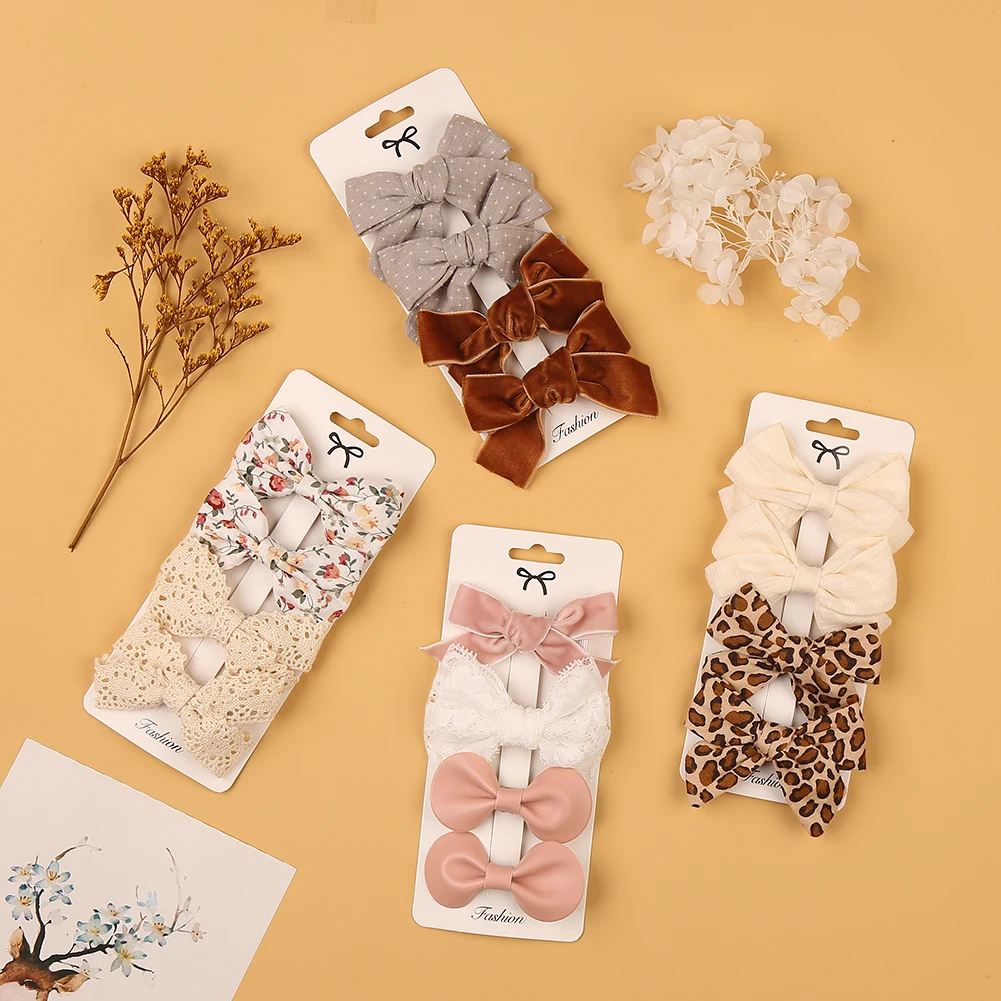 4pcs baby girls hair bow clips — leopard dot print bowknots with lace & cotton linen barrettes 6