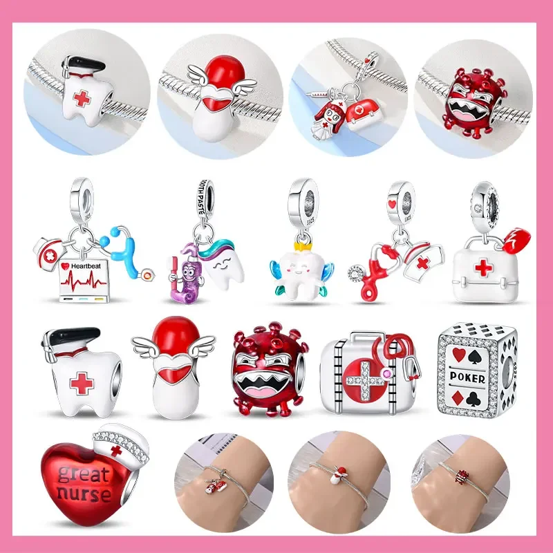 

Silver 925 Dental Medical Series Emergency Kit Nurse Hat Stethoscope Charms Pendants Fit 925 Original Bracelets DIY Jewelry