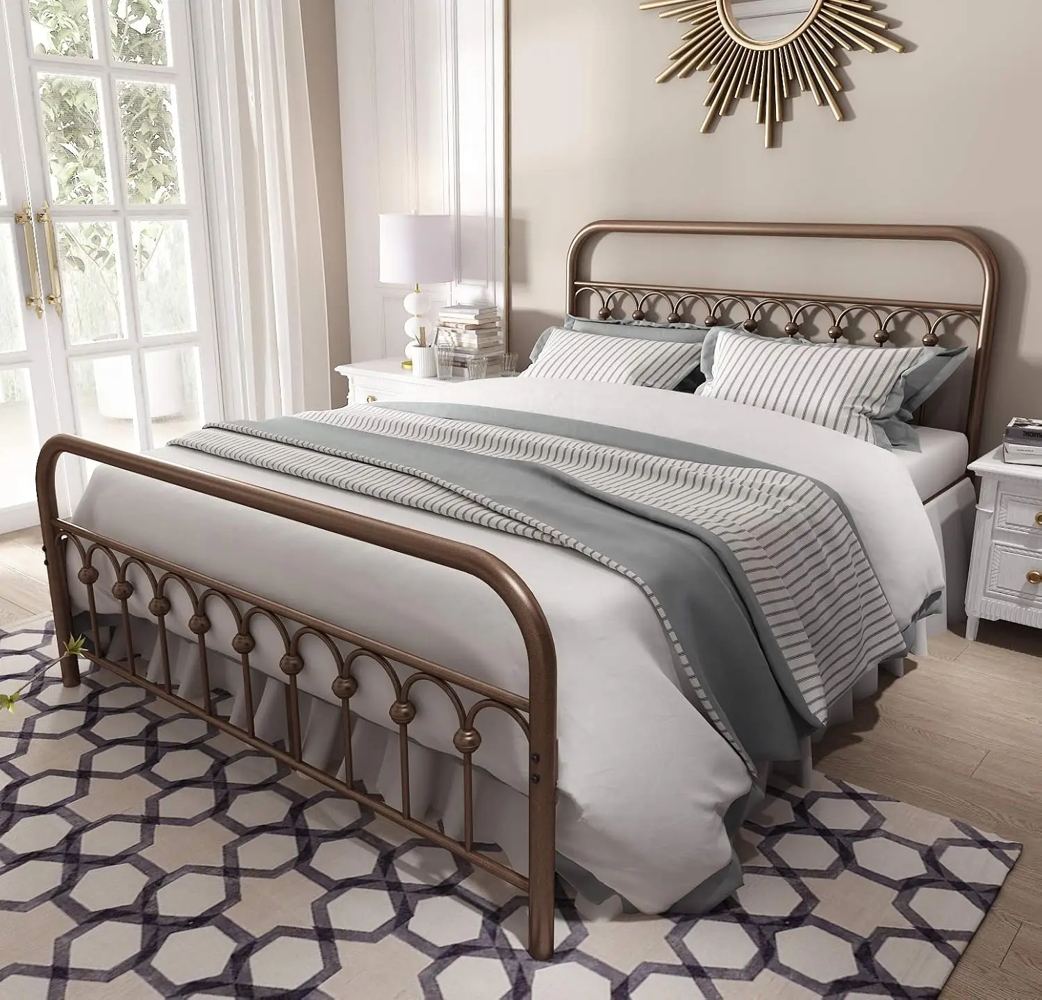 YALAXON Vintage Sturdy Queen Size Metal Bed Frame with Headboard and Footboard Basic Bed Frame No Box Spring Needed