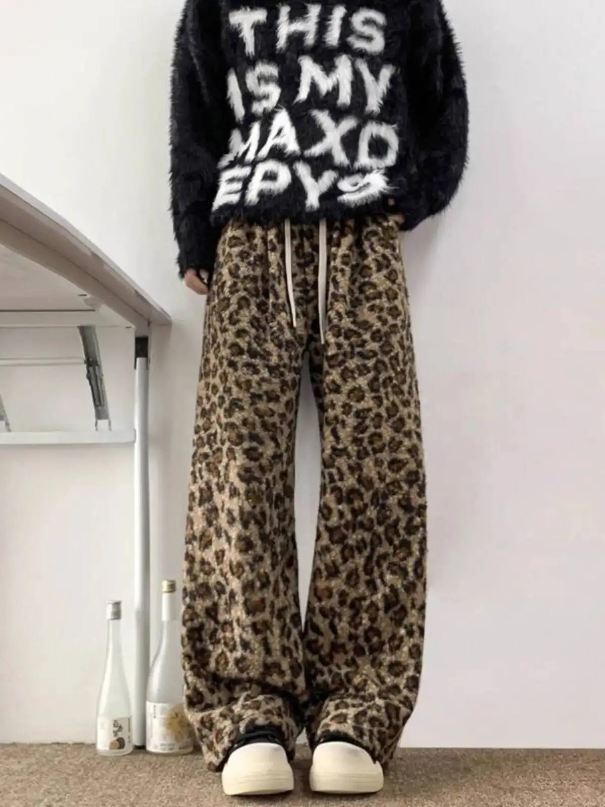 

Fleece Lined Marbled Leopard Print Pants Unisex 2026 Spring Lazy Style Thickened Retro Soft Straight Leg Draped Trousers