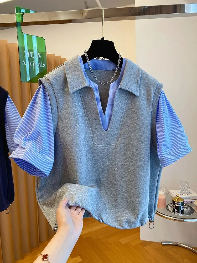 Fashion Fake Two Piece T Shirt Women Niche Design Sense T-shirt Loose Casual Stitching Vest Button Short Sleeve Tshirt