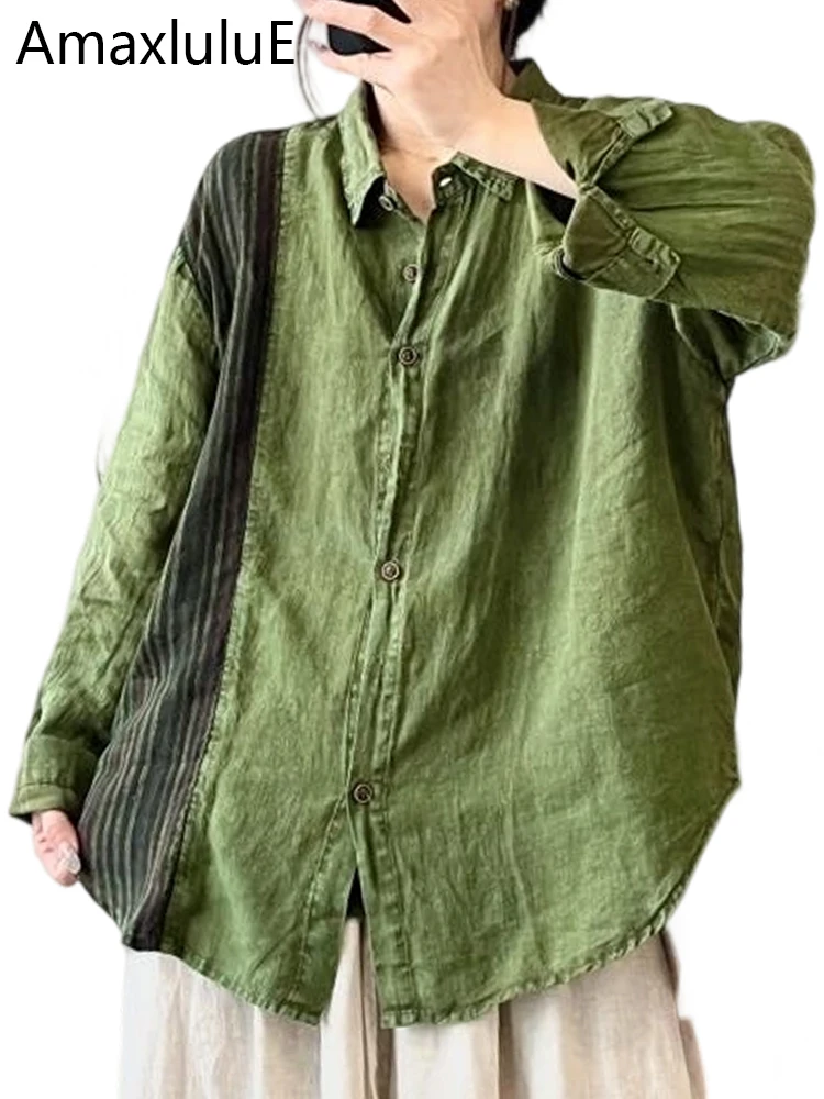 

Amax LuluE Brand 2025 Autumn Ladies Casual Vintage Big Size Patchwork Shirts Women Classic Loose Blouses Fashion Luxury Clothes