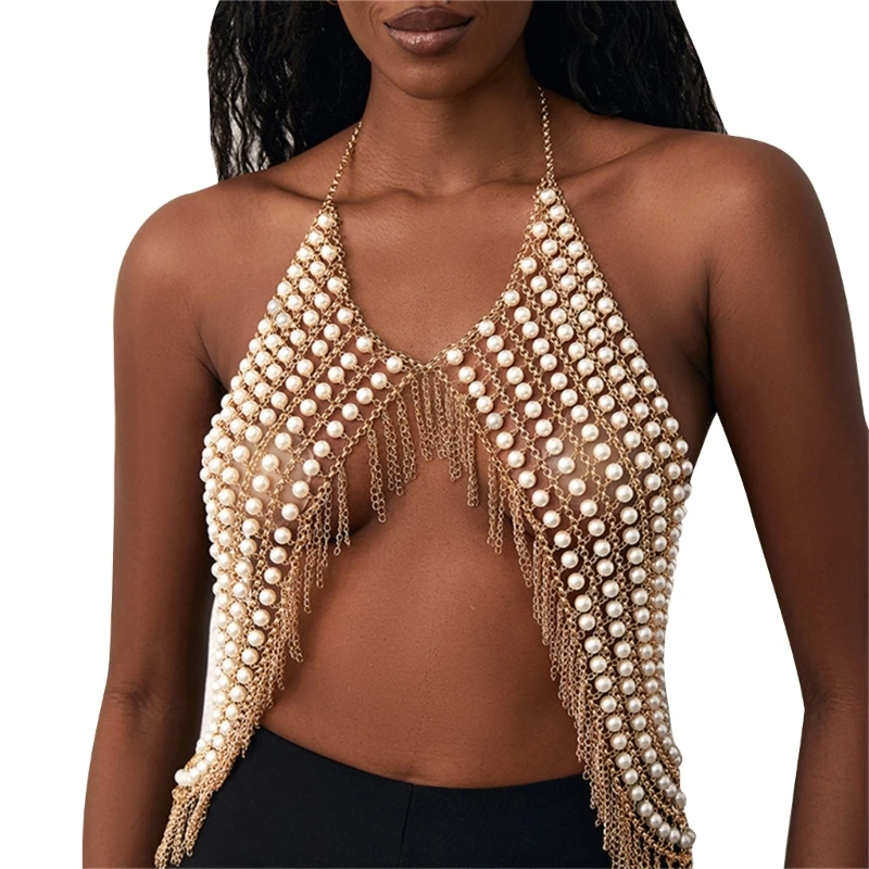 

Fashion Pearls Party Top Sexy Corset Woman Clothes Night Party Crop Tops