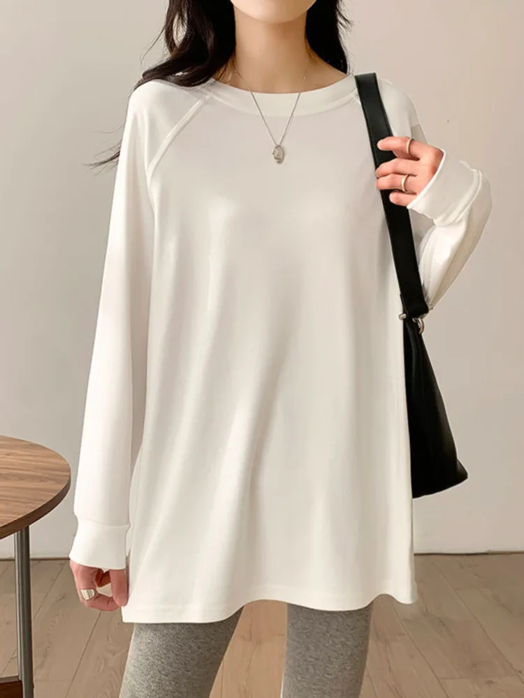 

White Medium Length Bottoming Tshirt Women Autumn Winter Long Sleeve T-shirt Simple Design loose Korean Style Tops Tees Female