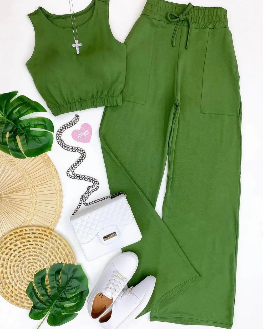 Crop Tank Top & Wide Leg Pants Set Y2k Vest Green Matching Sets Spring Vintage Boho High Waist Loose Work 2024 Suit Streetwear