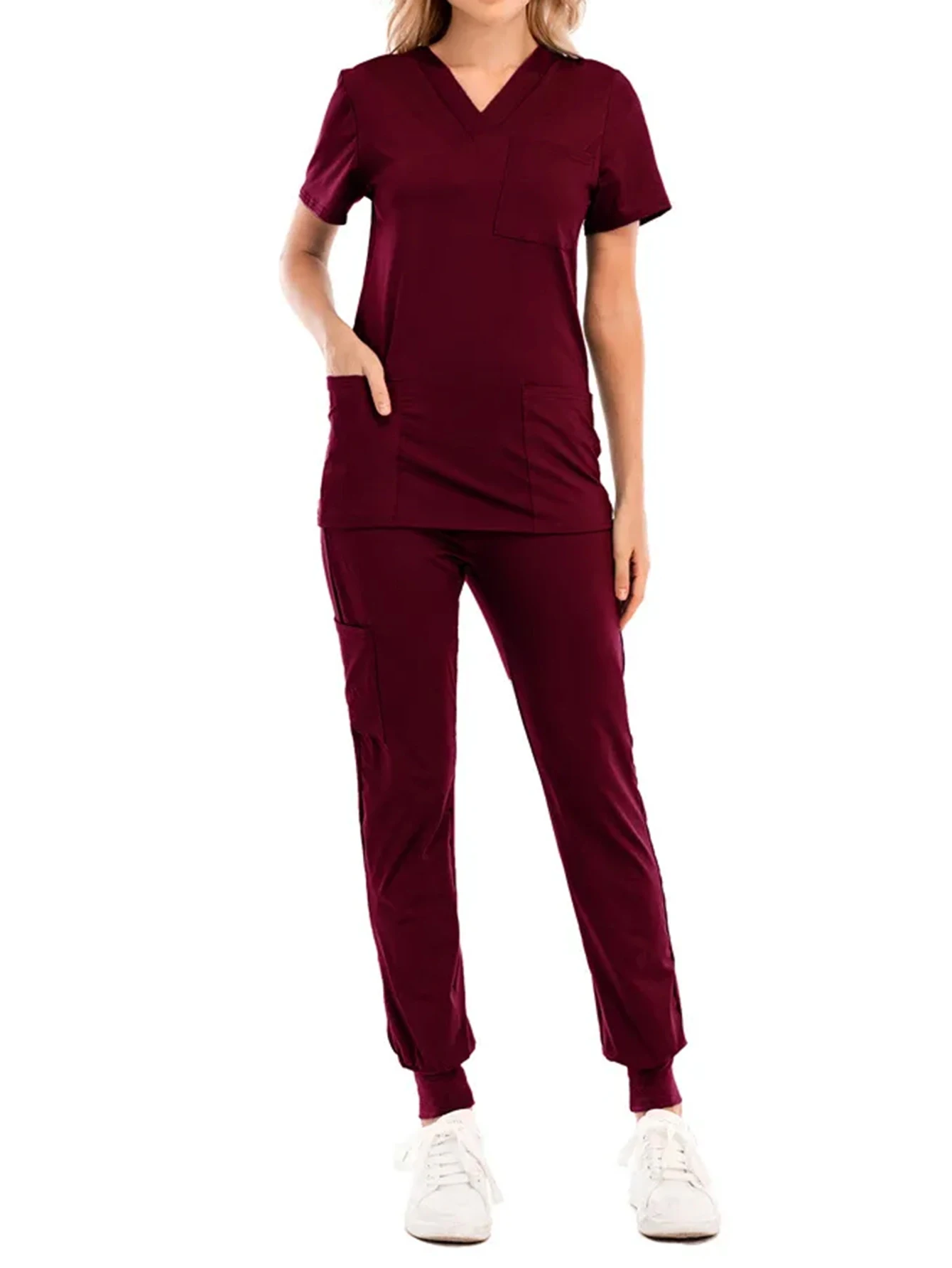 

Solid Nursing Scrubs Women Uniforms Elasticity Pet Clinic Nurse V-neck Medical Hospital Doctor Working Clothing Summer