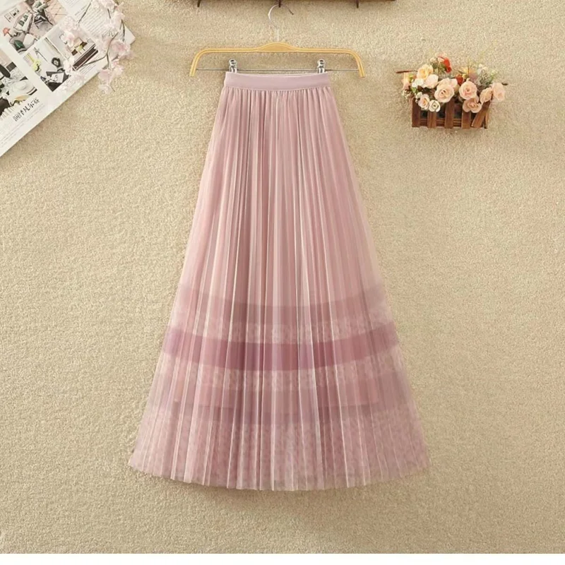 Women's Mesh Printed Pleated Dress Fragmented Flower Skirt Half Length Two Sides A-Line High Waist Slim Lady Midi Fashion