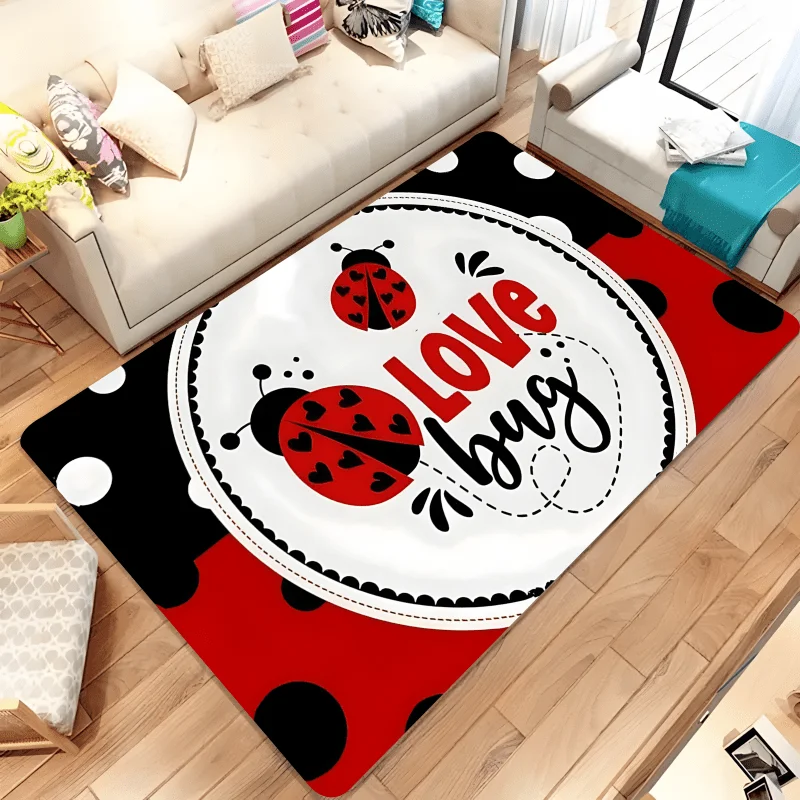 Love Bug Ladybird Flannel Rug, Cute Heart Beetle Floor Mat, Valentine's Day Soft Carpet。