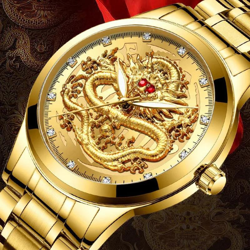 New Men Watch Dragon Quartz Wristwatch Gold Skeleton Retro Man Watch Top Brand Luxury Clock Mens Watches Reloj Hombre