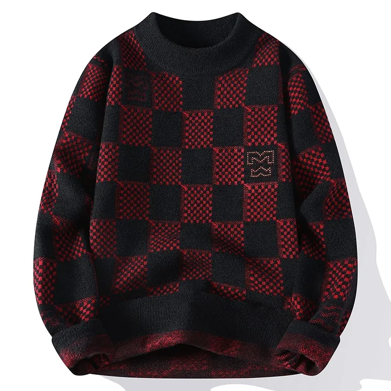 New Checkered Knitted Sweater American 2024 Trendy Men\'s Tops Classic Autumn Knitted Hoodie Fashionable Slimming Harajuku