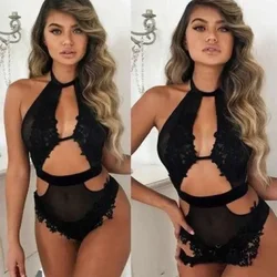 Top Fashion Sexy Hanging Neck Bodysuit Hollowed Out Lace Black Jumpsuit European and American Pajamas Women Backless Body Shaper