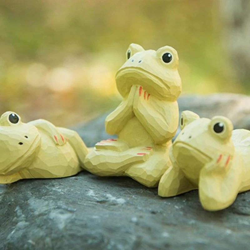 Serene Frog Wood Carving Craft Zen Inspired Desk Sculpture Cute Animal Figurine Home Meditation Decor Lawn Garden Ornament Gift