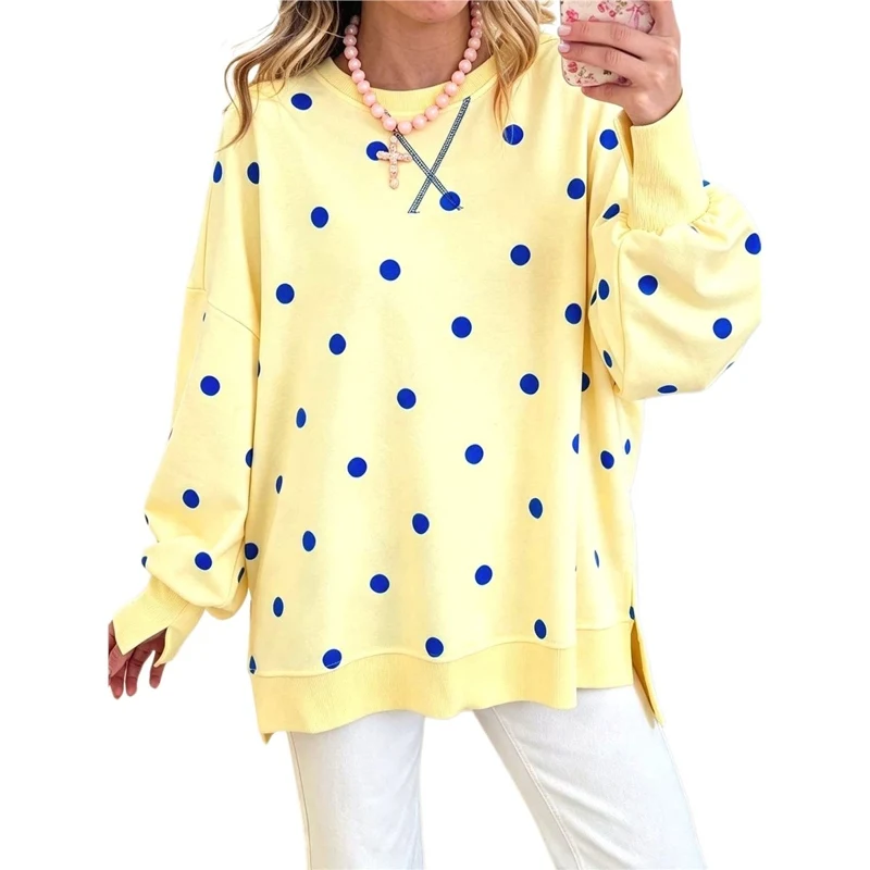 Women's Hoodie Fall Winter Casual Polka Dot Crew Neck Drop Shoulder Loose Fit Oversized Side Slit Fashion