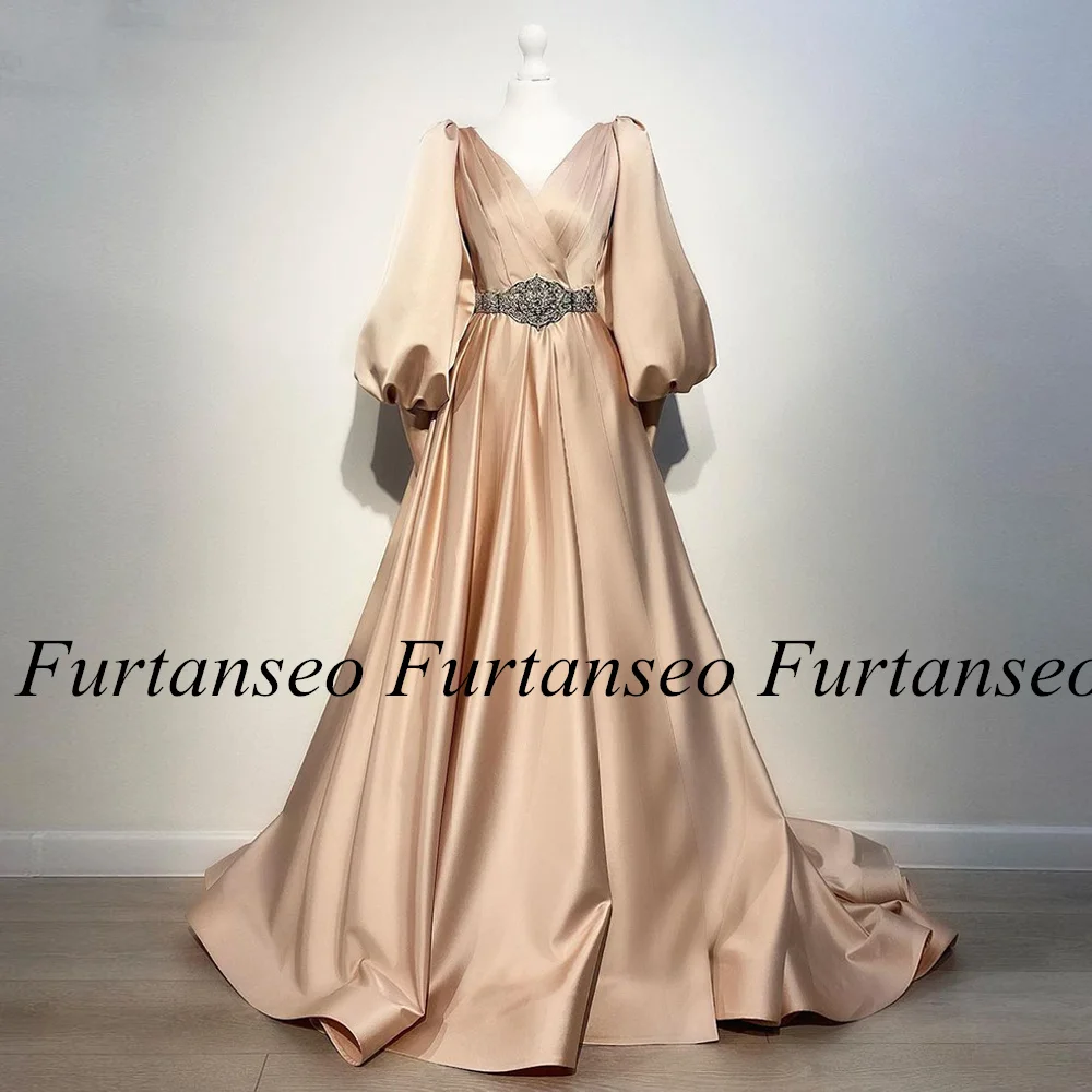 

Champagne Satin Prom Dress Puff Sleeves V Neck Pleat Beading Belt A Line Saudi Party Gown Sweep Train Real Evening Dress