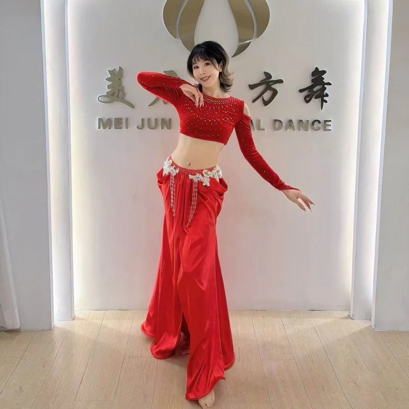 dames buikdansvoorstelling kostuum op maat gemaakte luxe luxe strass-kwastjesset buikdanswedstrijdoutfit