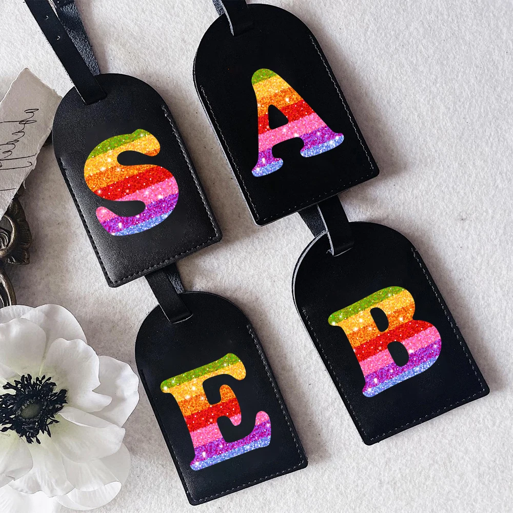 Rainbow Letter A-Z Printed Saying Leather Luggage Tags for Travel Bag Suitcase Travel Handbag Label Tag Birthday Festive Gifts