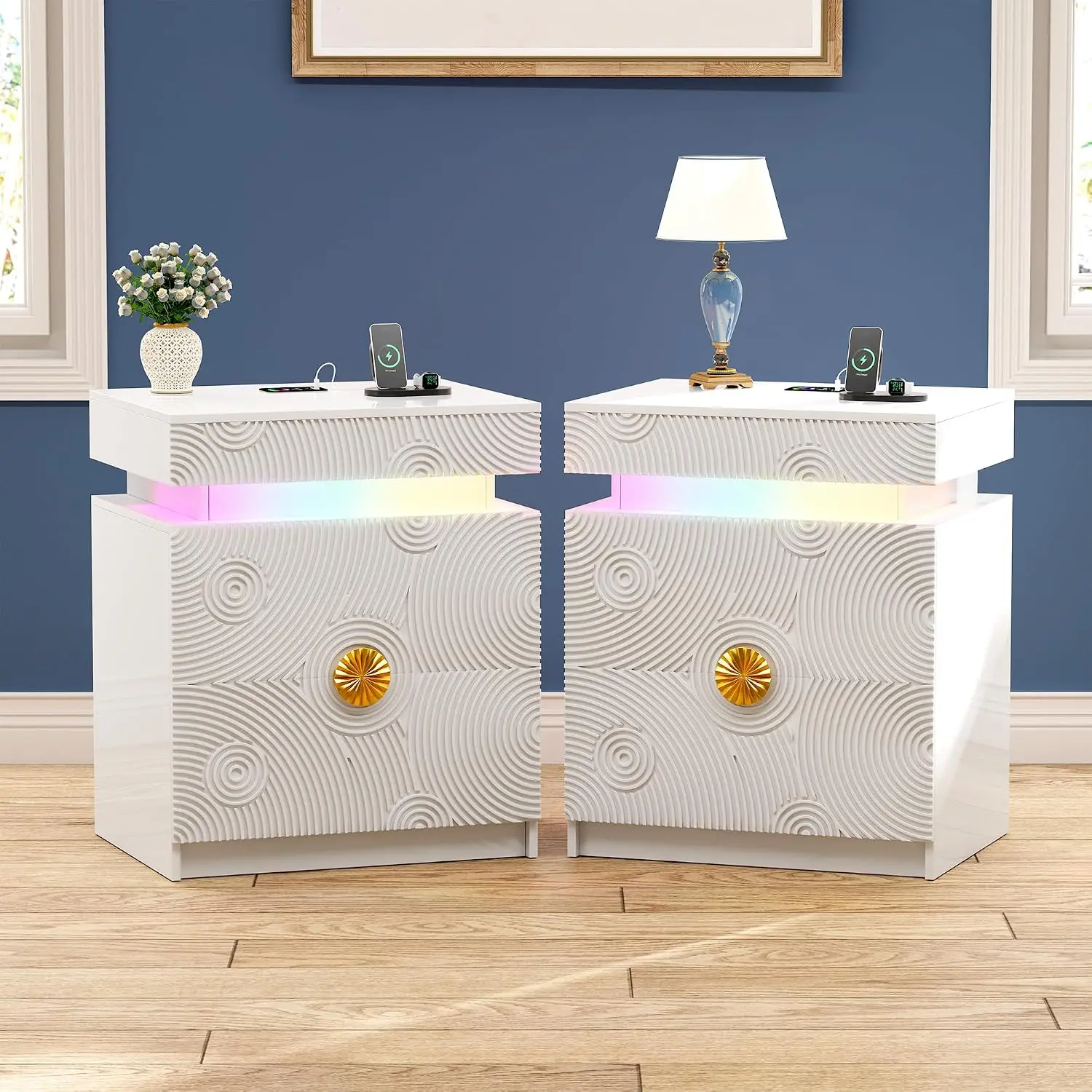 LED Nightstand RGB Light Lockable Hidden Drawer Bedroom White, Customized