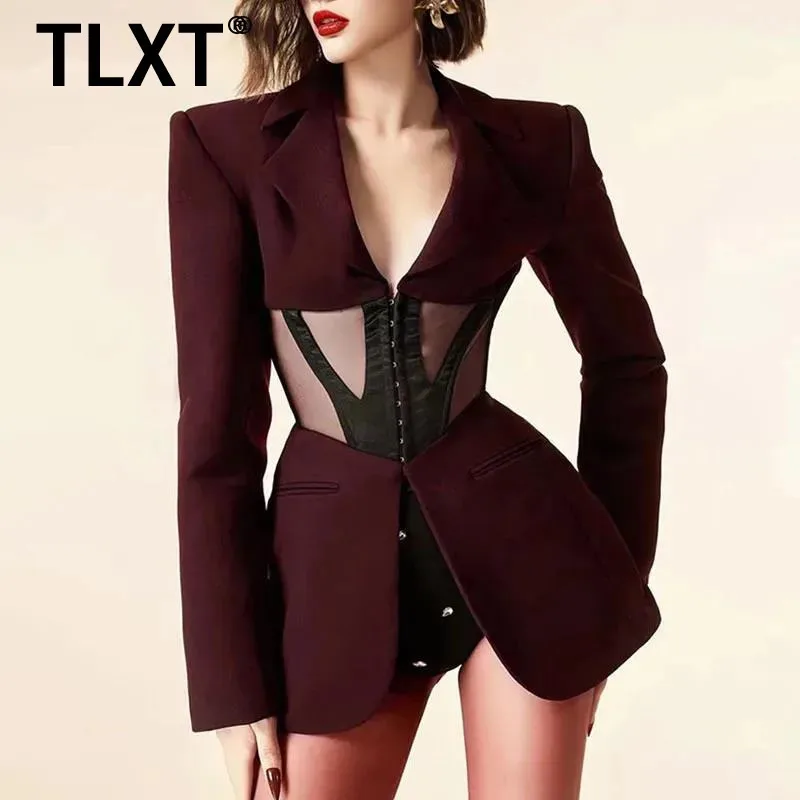 

TLXT лоскутные блейзеры со сборкой на талии для женщин, женские куртки с зубчатым воротником и длинными рукавами, модная одежда, новинка