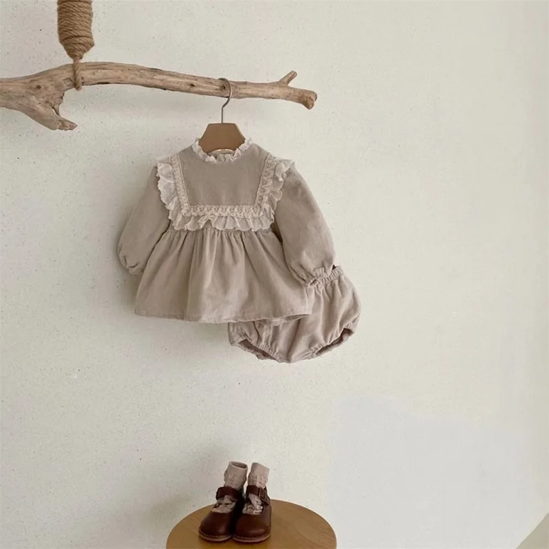 Cute Newborn Baby Girl Corduroy Clothes Set Long Sleeve Lace Collar Dress Shirt Tops+Bloomer PP Pant 2PCS Outfits Spring Suit