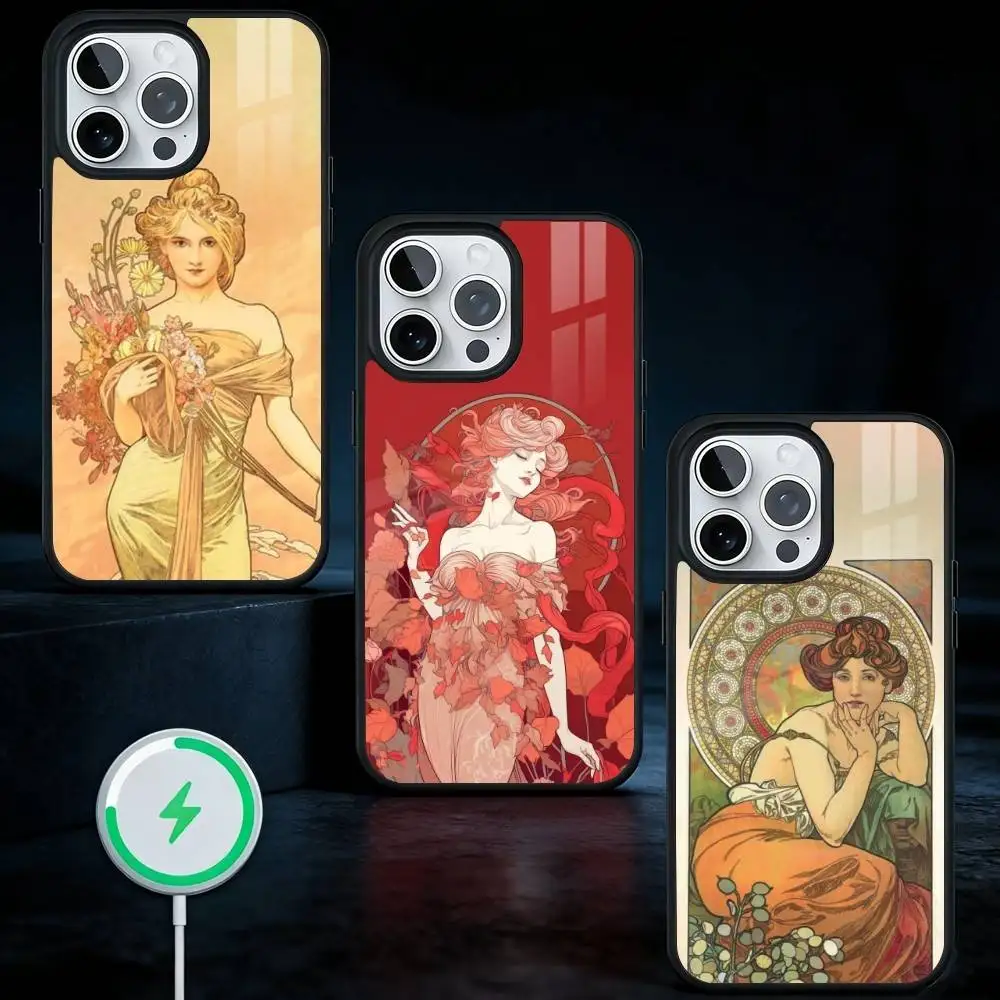 

Alphonse Mucha Painted Phone Case For iPhone17,16,15,14,13 Plus,Pro Max Magnetic For Magsafe Wireless Charging