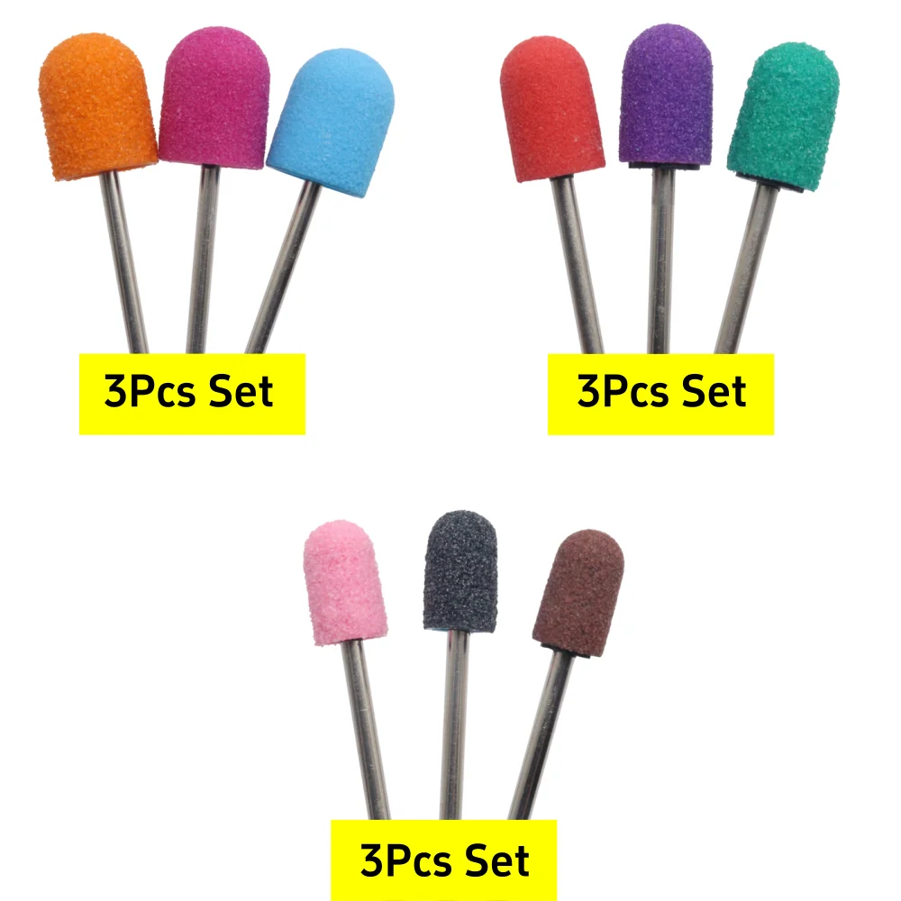 3Pcs Nail Sanding Cap Drill Bit Set Mixed Grit Grinding Polishing Heads 5mm 7mm 10mm for Electric Manicure Tool