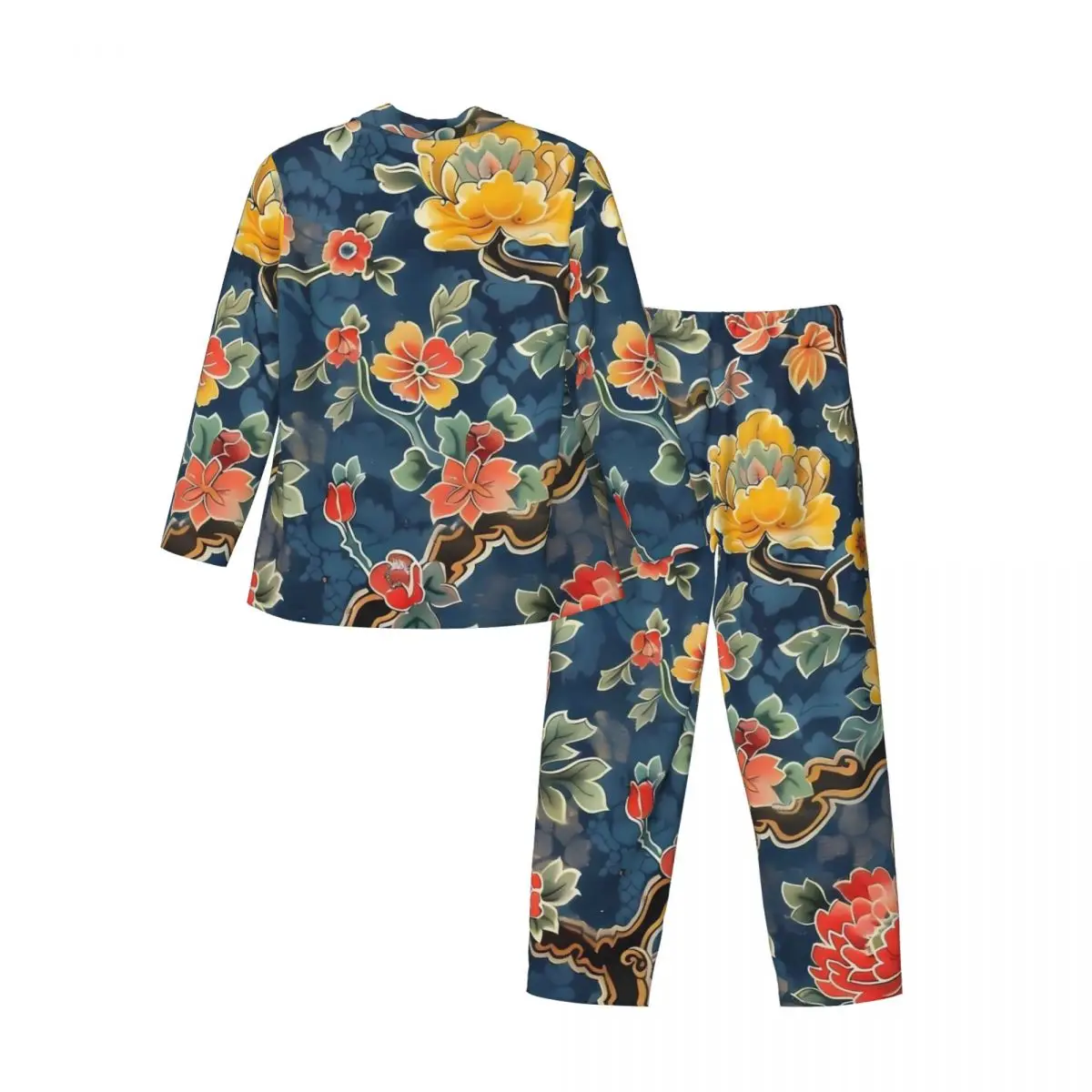 Rétro japonais Art vêtements de nuit printemps fleurs imprimer rétro surdimensionné pyjama ensembles hommes à manches longues confortable quotidien motif vêtements de nuit