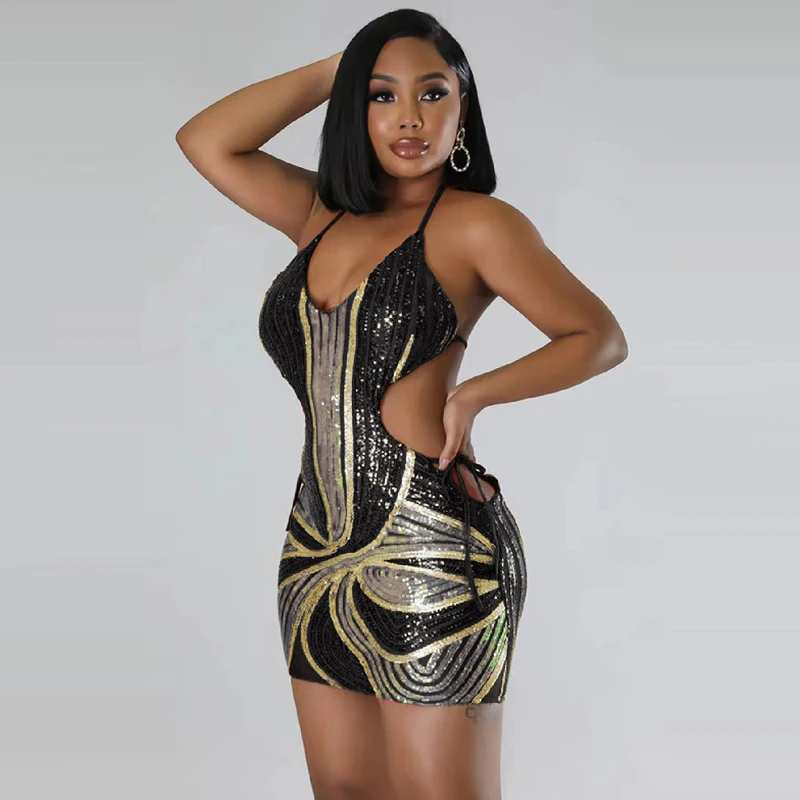 Lace up neck hanging sleeveless sequin dress hip hugging mini skirt party fashion preferred formal dress banquet dress