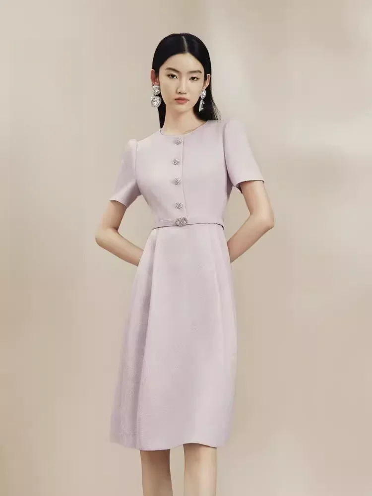 

Элегантное повседневное платье с круглым вырезом, украшенное стразами, коротким рукавом, светло-фиолетовое, из полиэфирного волокна