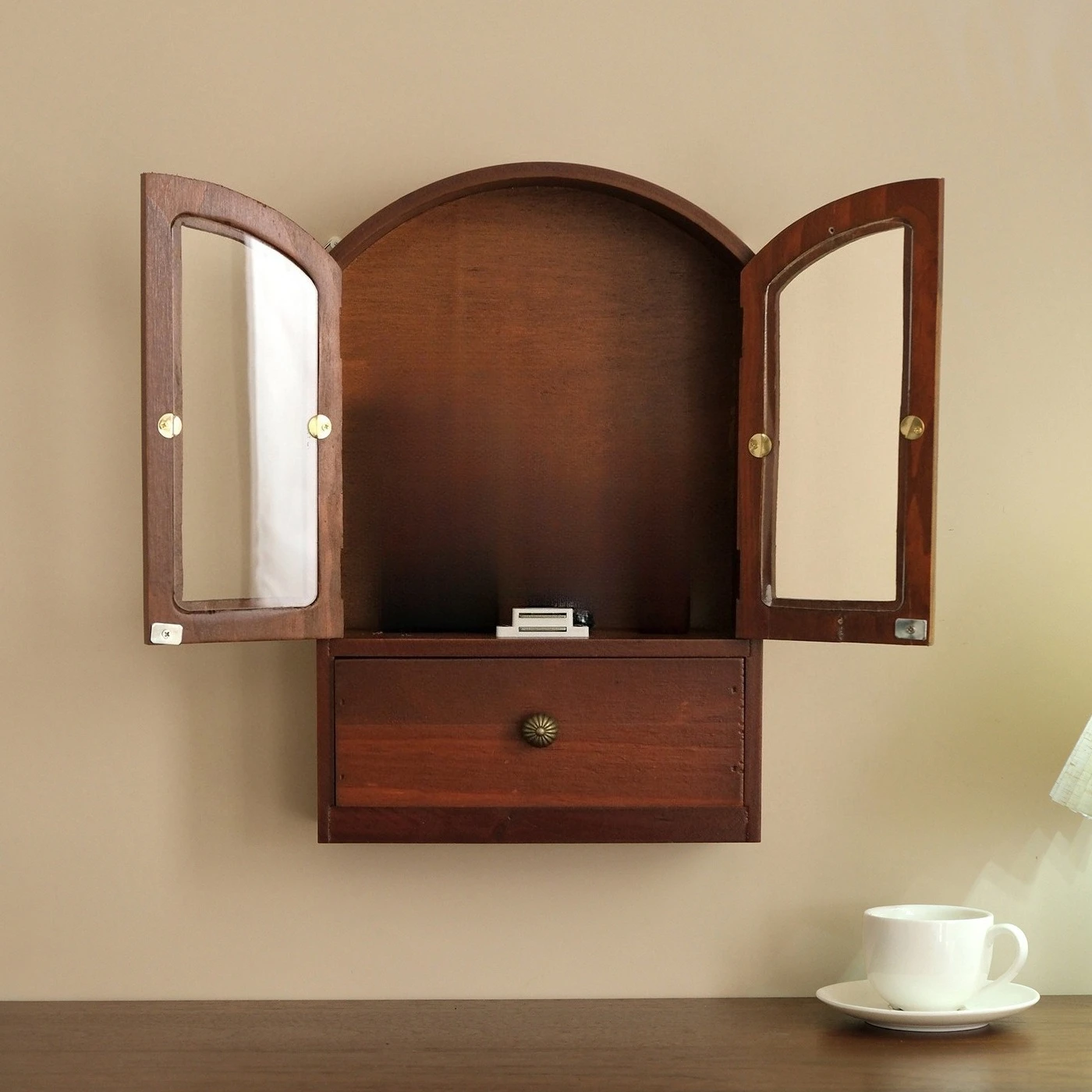 Wooden Cosmetic Storage Cabinet with Glass Door Desktop Organizer Shelf