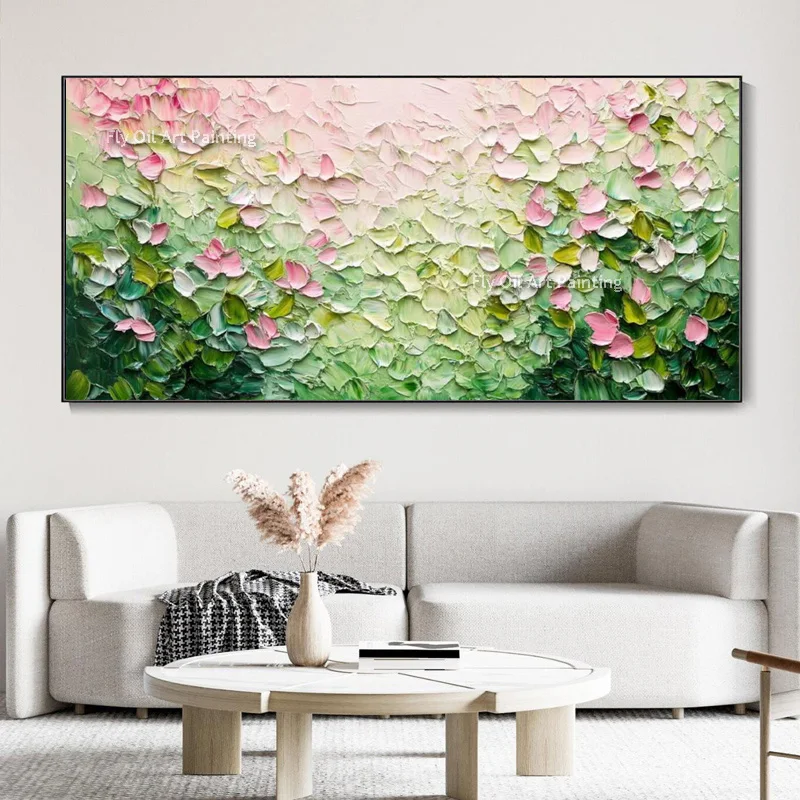 Large Pink And Green Flowers Fied Oil Painting Handmade Colorful Florals Artwork Original White Thick Flower Canvas Wall Art