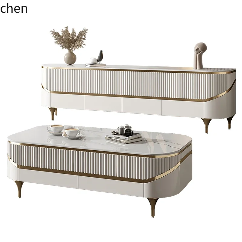 

HTT coffee table TV cabinet combination set living room simple Italian wind rock slab tea table floor cabinet household