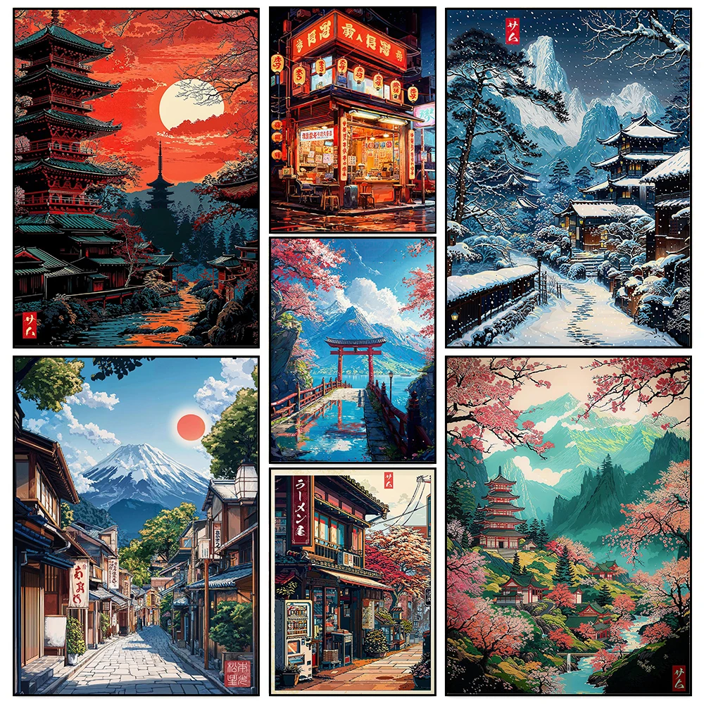 Japanese Anime Style Shrine Teahouse Village Snow View Mount Fuji Scenery Poster Canvas Paintings Wall Art Pictures Home Decor