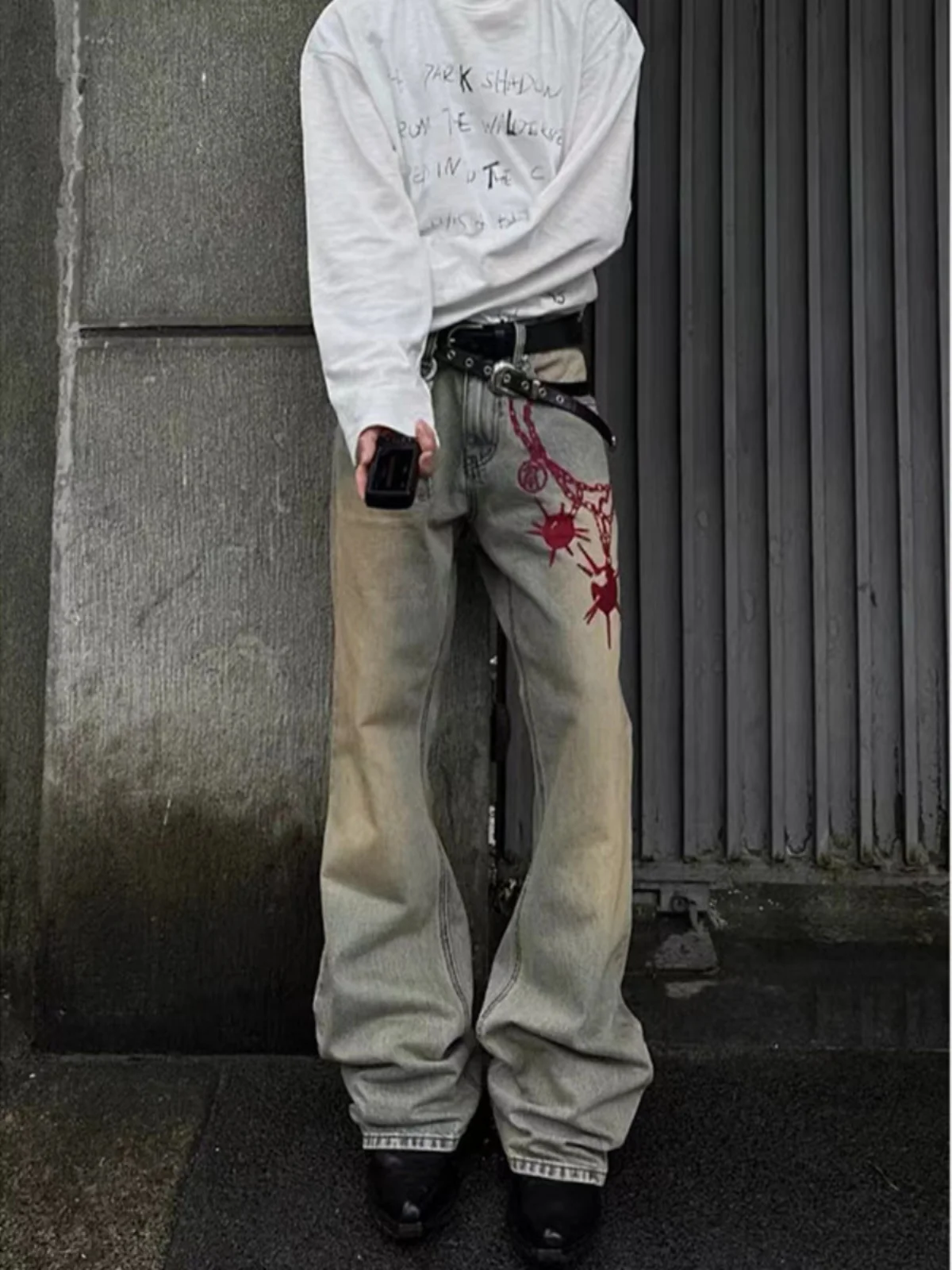 

Retro American Yellow Clay Men's Jeans High Street Vibe Meteor Hammer Embroidery Washed out Straight Leg Micro Flared Pants