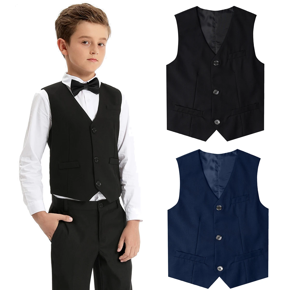 

Kids Vest Children Black Boys Waistcoats Toddler Dress Suit Teenager Wedding Formal Piano Performance School Party Navy Clothes