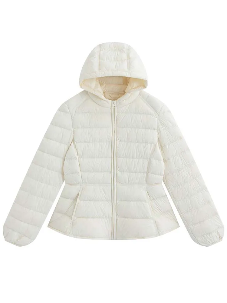 Women's Short Lightweight Hooded Down Jacket 2026 Autumn Winter High qulaity Waist-Cinched puffer coat Warm Solid color DJ729