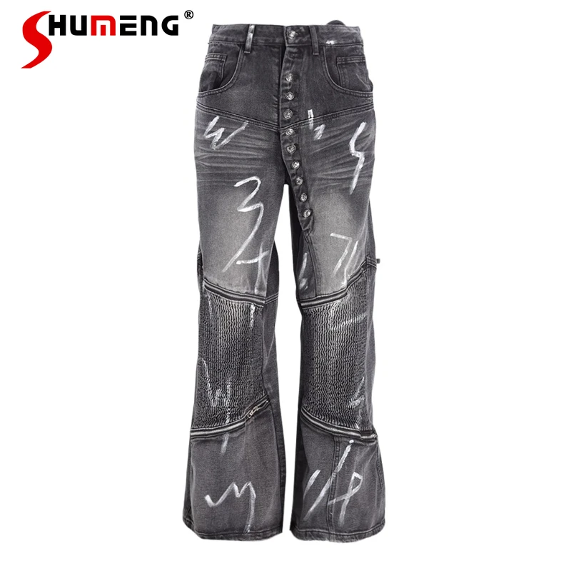 

Men Women 2025 Autumn New High Street Flared Straight Long Denim Pants Fashion Graffiti Jeans Male Handsome Chic Denim Trousers