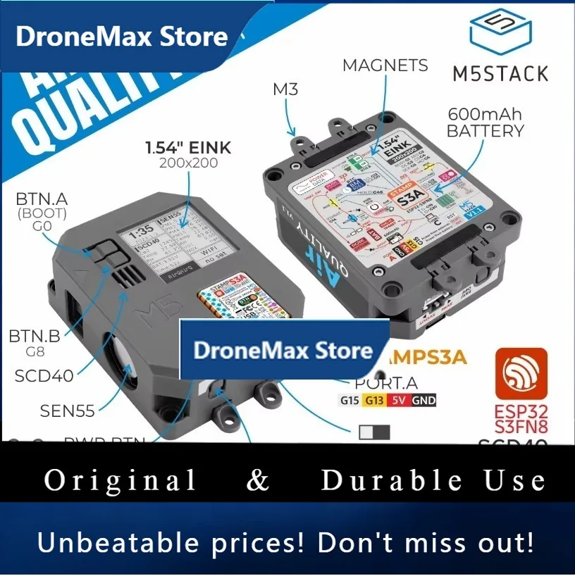 DroMaAir Quality Monitor V1.1 With SEN55 & SCD40, PM1.0-10/VOC/CO2/Temp/Humi, E-Ink Display, Wi-Fi, 600mAh Battery For Indoor Io