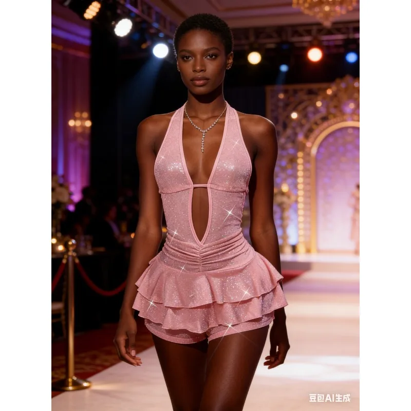 

Women's Glitter Halter Playsuits Sexy Deep V Neck Cutout Backless Layered Ruffle Rompers Bodycon Clubwear Y2K Style Shiny Outfit